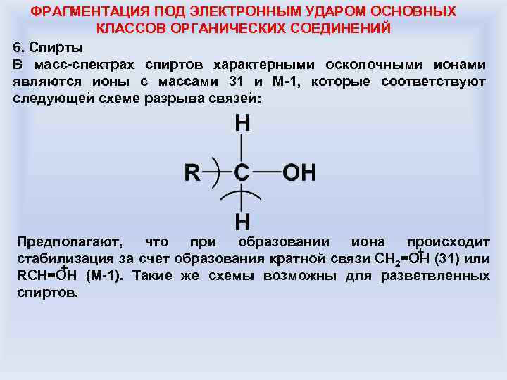 ФРАГМЕНТАЦИЯ ПОД ЭЛЕКТРОННЫМ УДАРОМ ОСНОВНЫХ КЛАССОВ ОРГАНИЧЕСКИХ СОЕДИНЕНИЙ 6. Спирты В масс-спектрах спиртов характерными