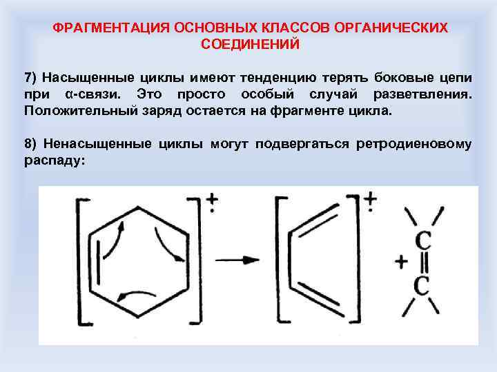 ФРАГМЕНТАЦИЯ ОСНОВНЫХ КЛАССОВ ОРГАНИЧЕСКИХ СОЕДИНЕНИЙ 7) Насыщенные циклы имеют тенденцию терять боковые цепи при