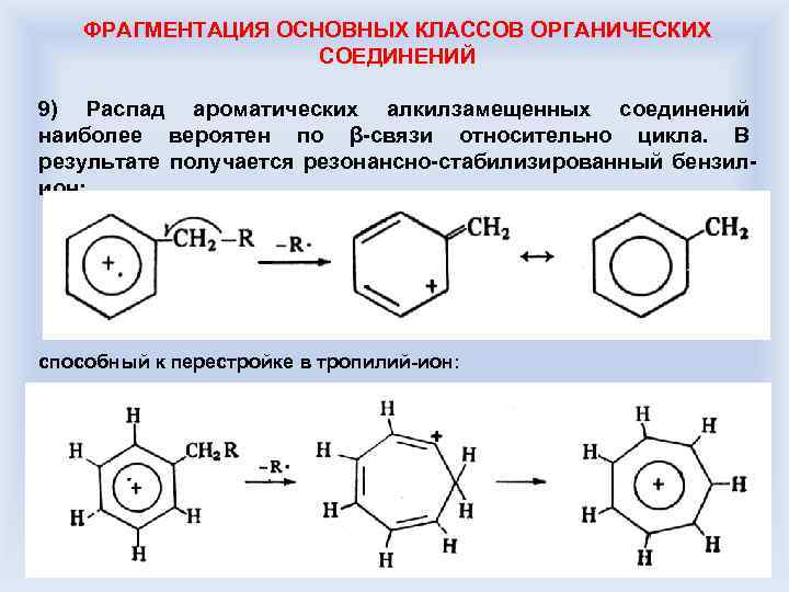 ФРАГМЕНТАЦИЯ ОСНОВНЫХ КЛАССОВ ОРГАНИЧЕСКИХ СОЕДИНЕНИЙ 9) Распад ароматических алкилзамещенных соединений наиболее вероятен по β-связи