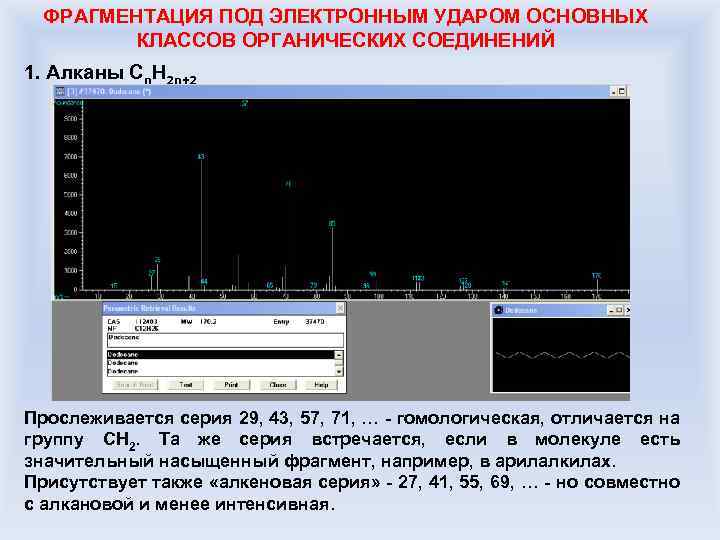 ФРАГМЕНТАЦИЯ ПОД ЭЛЕКТРОННЫМ УДАРОМ ОСНОВНЫХ КЛАССОВ ОРГАНИЧЕСКИХ СОЕДИНЕНИЙ 1. Алканы Cn. H 2 n+2