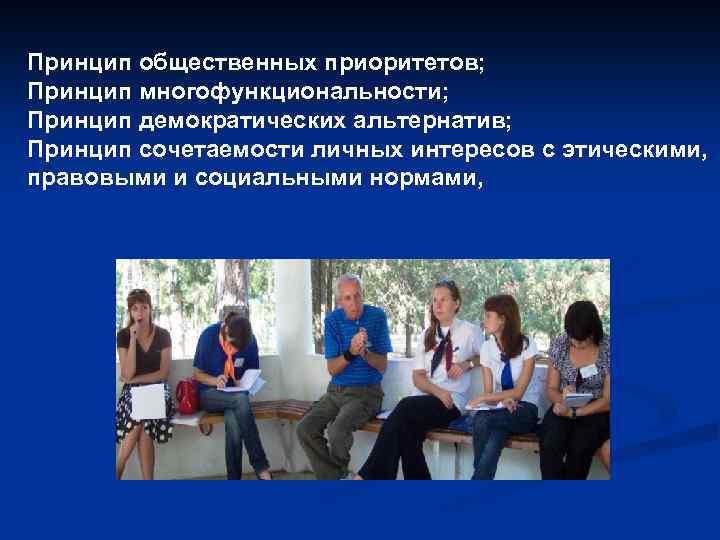 Принцип общественных приоритетов; Принцип многофункциональности; Принцип демократических альтернатив; Принцип сочетаемости личных интересов с этическими,