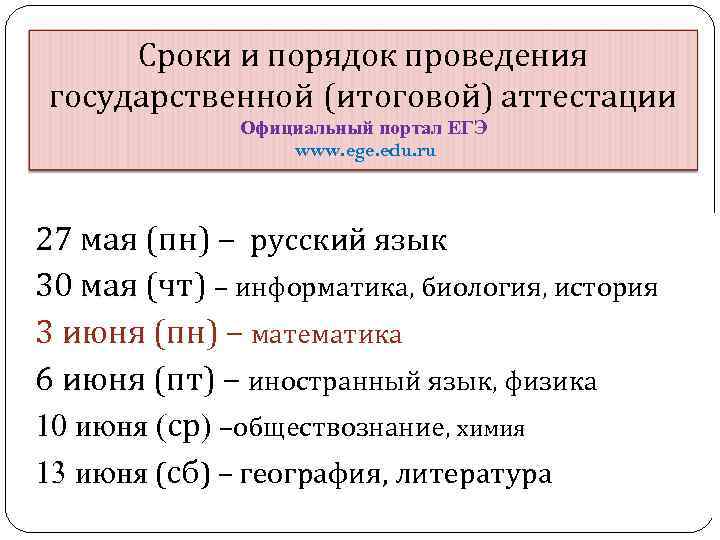 Сроки и порядок проведения государственной (итоговой) аттестации Официальный портал ЕГЭ www. ege. edu. ru