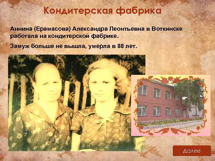 Кондитерская фабрика Аннина (Ерамасова) Александра Леонтьевна в Воткинске работала на кондитерской фабрике. Замуж больше