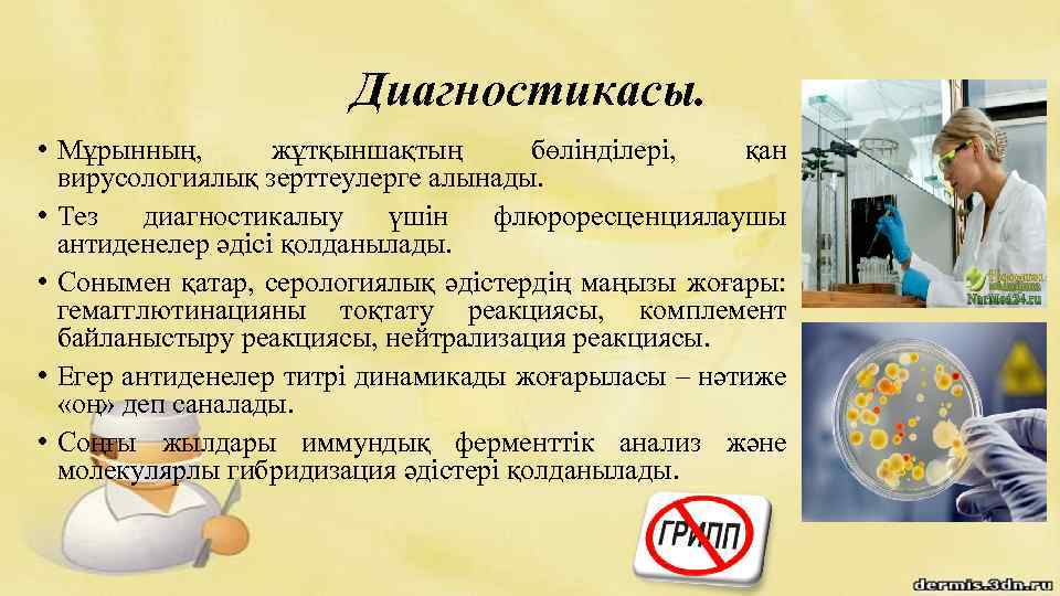 Диагностикасы. • Мұрынның, жұтқыншақтың бөлінділері, қан вирусологиялық зерттеулерге алынады. • Тез диагностикалыу үшін флюроресценциялаушы