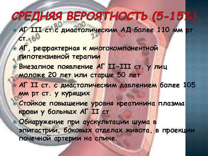 СРЕДНЯЯ ВЕРОЯТНОСТЬ (5 -15%) АГ III ст. с диастолическим АД более 110 мм рт