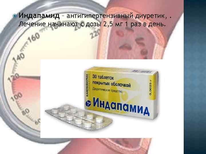  Индапамид – антигипертензивный диуретик, . Лечение начинают с дозы 2, 5 мг 1