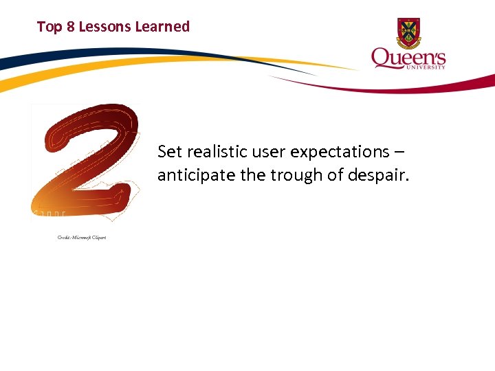Top 8 Lessons Learned Set realistic user expectations – anticipate the trough of despair.