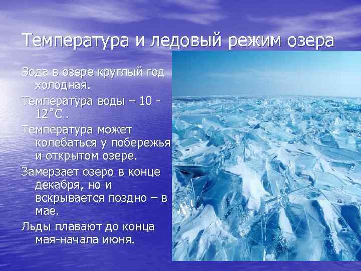 Температура и ледовый режим озера Вода в озере круглый год холодная. Температура воды –