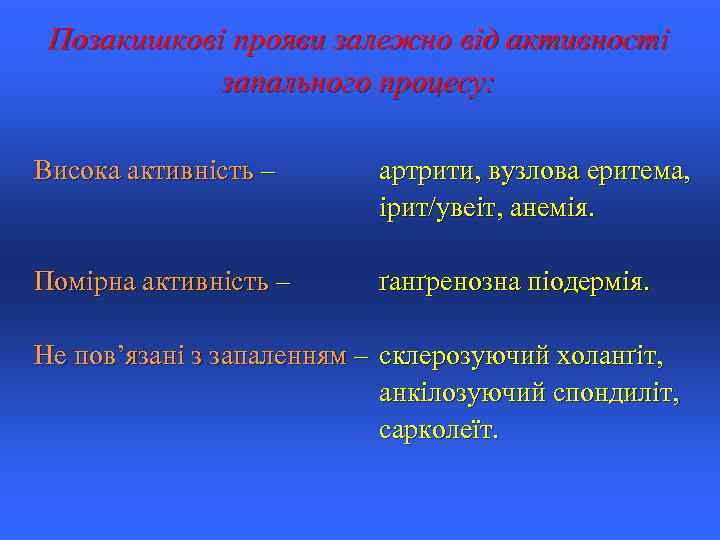 Позакишкові прояви залежно від активності запального процесу: Висока активність – артрити, вузлова еритема, ірит/увеіт,