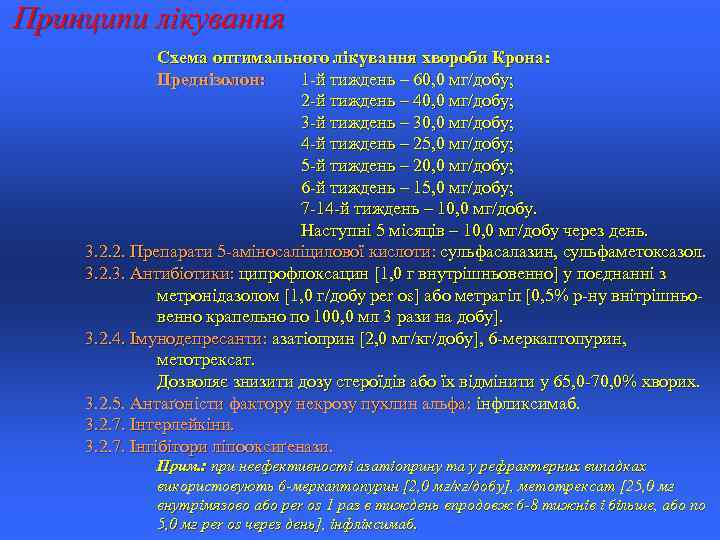 Принципи лікування Схема оптимального лікування хвороби Крона: Преднізолон: 1 -й тиждень – 60, 0