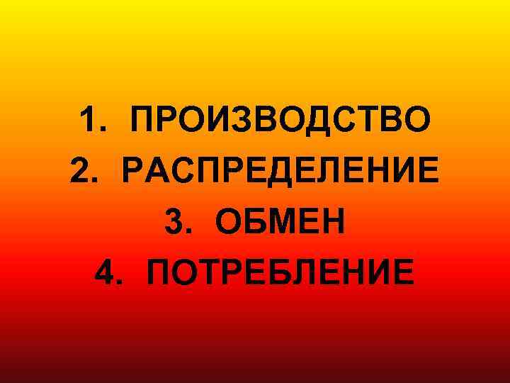 1. ПРОИЗВОДСТВО 2. РАСПРЕДЕЛЕНИЕ 3. ОБМЕН 4. ПОТРЕБЛЕНИЕ 