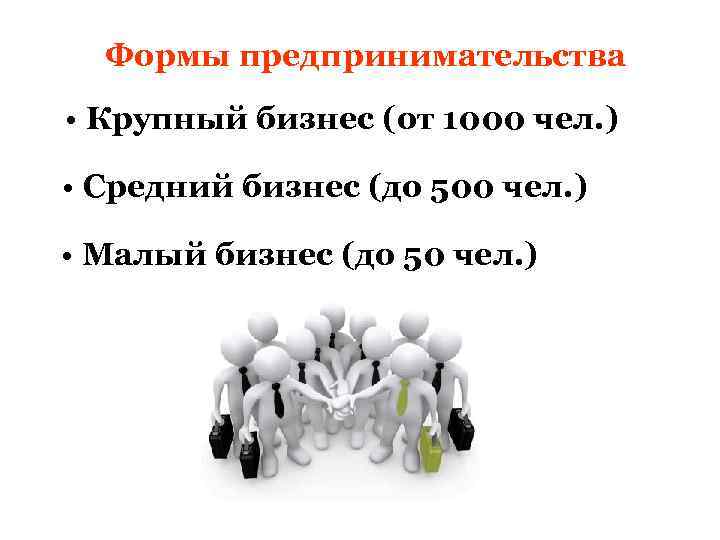 Формы предпринимательства • Крупный бизнес (от 1000 чел. ) • Средний бизнес (до 500