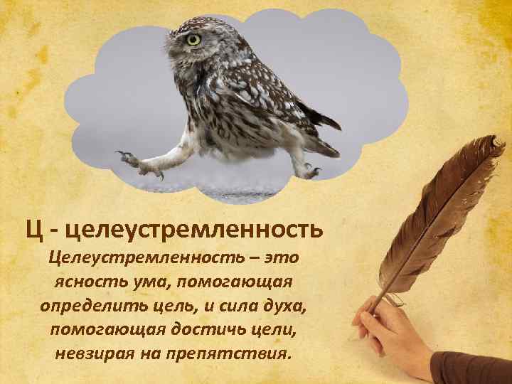 Ц - целеустремленность Целеустремленность – это ясность ума, помогающая определить цель, и сила духа,