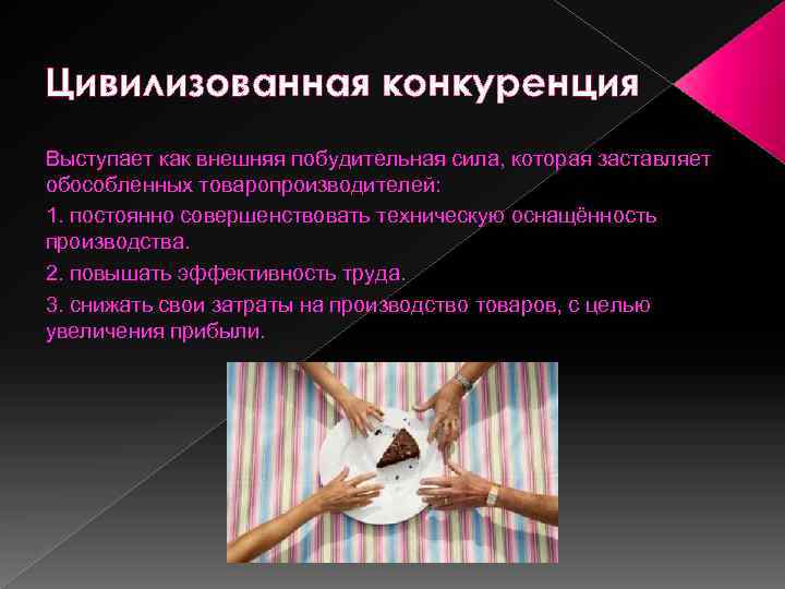 Цивилизованная конкуренция Выступает как внешняя побудительная сила, которая заставляет обособленных товаропроизводителей: 1. постоянно совершенствовать
