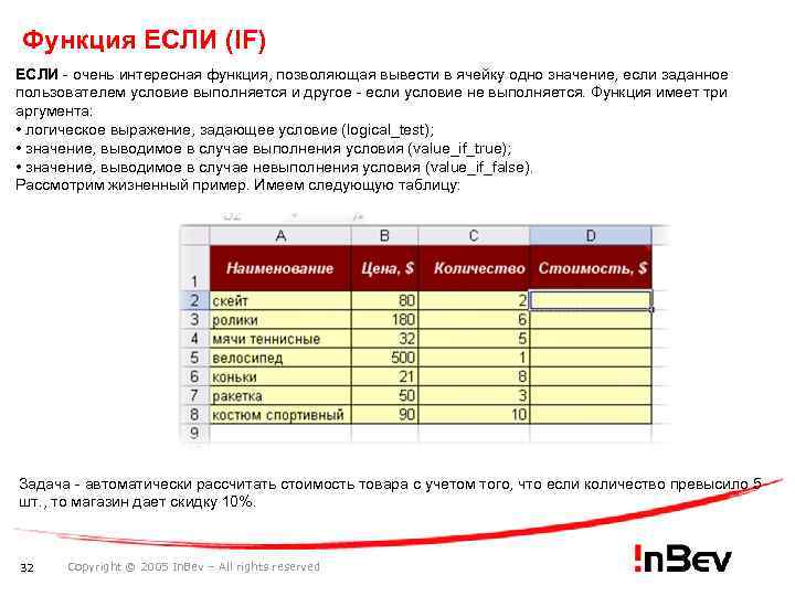 Функция ЕСЛИ (IF) ЕСЛИ - очень интересная функция, позволяющая вывести в ячейку одно значение,