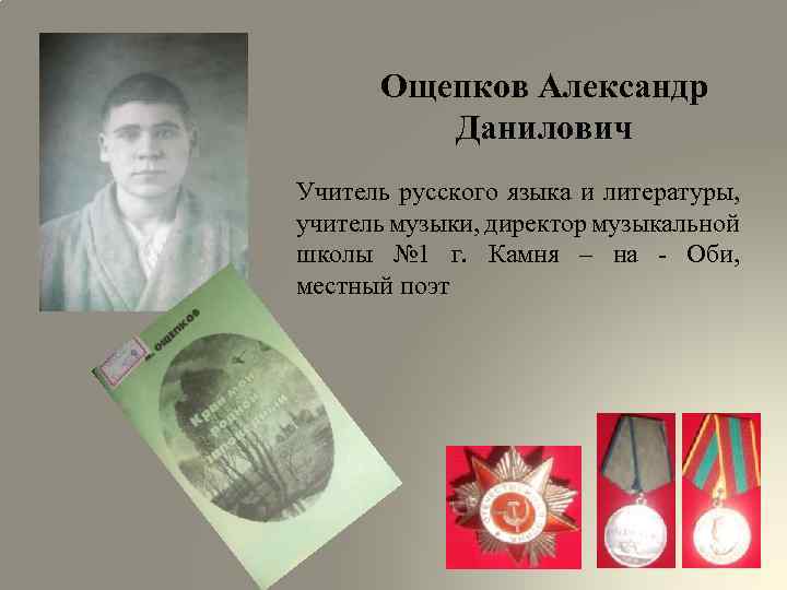 Ощепков Александр Данилович Учитель русского языка и литературы, учитель музыки, директор музыкальной школы №