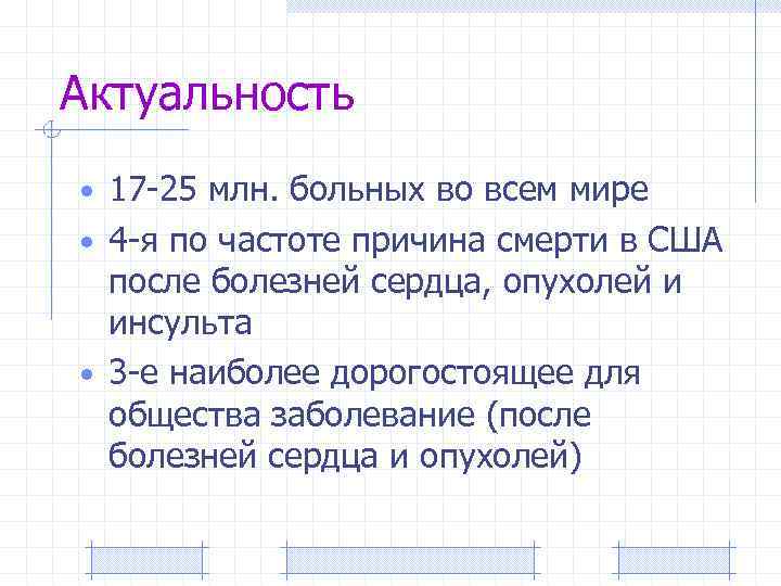 Актуальность • 17 -25 млн. больных во всем мире • 4 -я по частоте