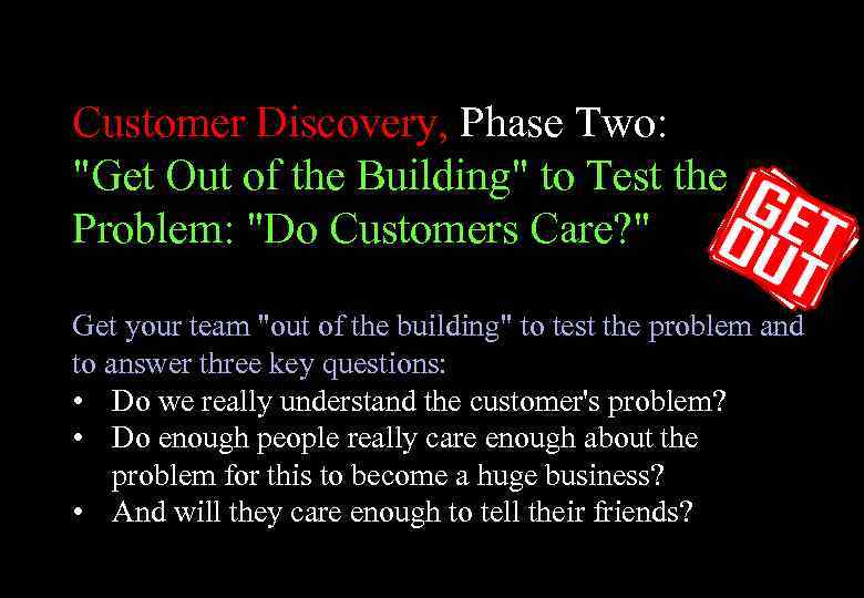 Customer Discovery, Phase Two: "Get Out of the Building" to Test the Problem: "Do