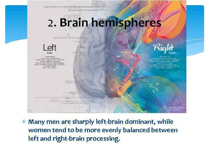 2. Brain hemispheres Many men are sharply left-brain dominant, while women tend to be