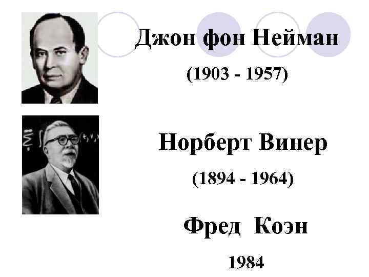 Джон фон Нейман (1903 - 1957) Норберт Винер (1894 - 1964) Фред Коэн 1984