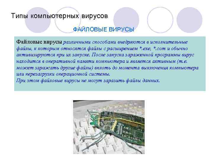 Типы компьютерных вирусов ФАЙЛОВЫЕ ВИРУСЫ Файловые вирусы различными способами внедряются в исполнительные файлы, к