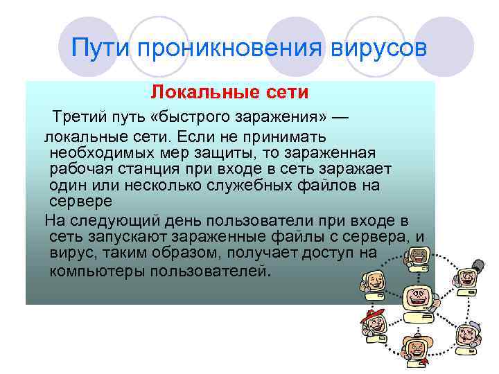 Пути проникновения вирусов Локальные сети Третий путь «быстрого заражения» — локальные сети. Если не