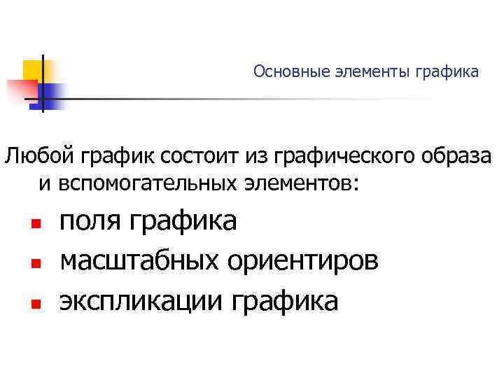 Основные элементы графика Любой график состоит из графического образа и вспомогательных элементов: n n