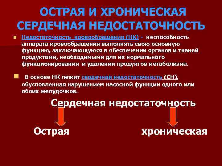 ОСТРАЯ И ХРОНИЧЕСКАЯ СЕРДЕЧНАЯ НЕДОСТАТОЧНОСТЬ n Недостаточность кровообращения (НК) - неспособность аппарата кровообращения выполнять