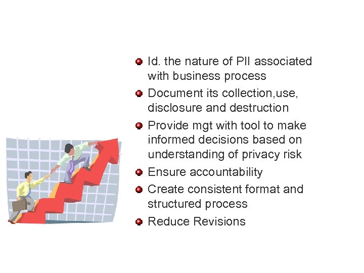 Id. the nature of PII associated with business process Document its collection, use, disclosure