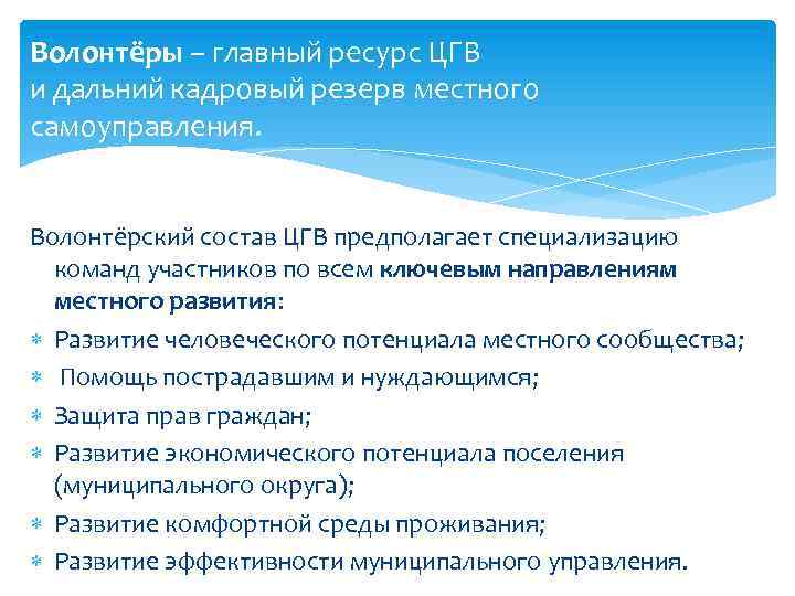 Волонтёры – главный ресурс ЦГВ и дальний кадровый резерв местного самоуправления. Волонтёрский состав ЦГВ