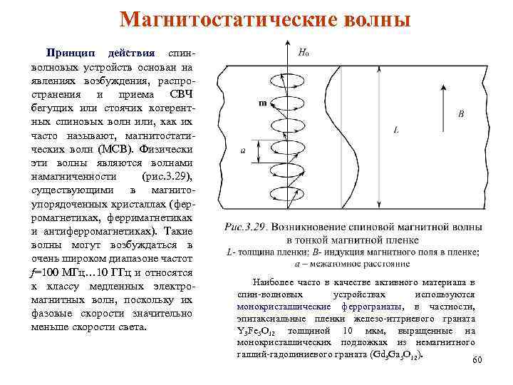 Магнитостатические волны Принцип действия спинволновых устройств основан на явлениях возбуждения, распространения и приема СВЧ