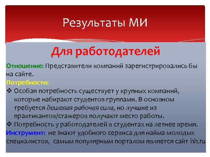 Результаты МИ Для работодателей Отношение: Представители компаний зарегистрировались бы на сайте. Потребности: v Особая