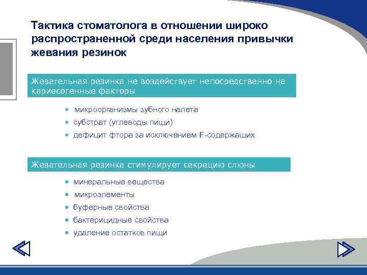 Тактика стоматолога в отношении широко распространенной среди населения привычки жевания резинок Жевательная резинка не