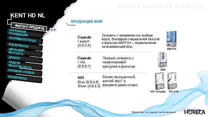 BRITISH AMERICAN TOBACCO KENT HD NL ПРОДУКЦИЯ KENT ФАКТЫ О П РОДУКТЕ ОСНОВН ЫЕ