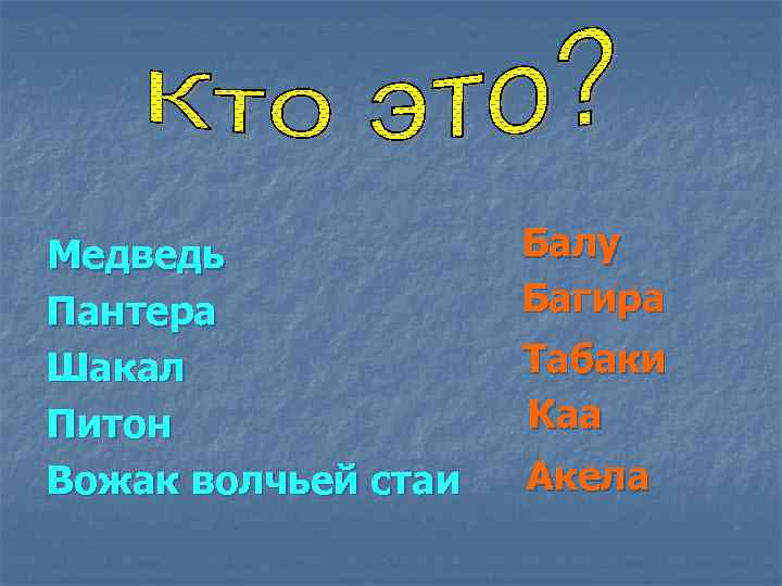 Медведь Пантера Шакал Питон Вожак волчьей стаи Балу Багира Табаки Каа Акела 