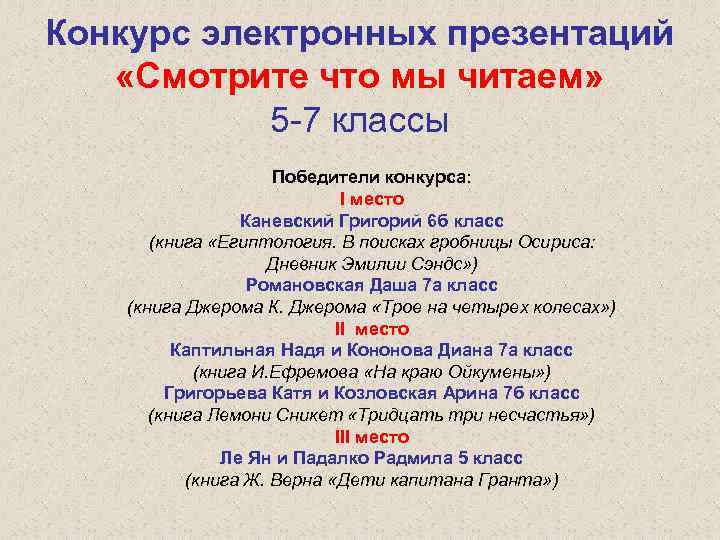 Конкурс электронных презентаций «Смотрите что мы читаем» 5 -7 классы Победители конкурса: I место