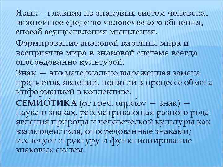 Язык – главная из знаковых систем человека, важнейшее средство человеческого общения, способ осуществления мышления.