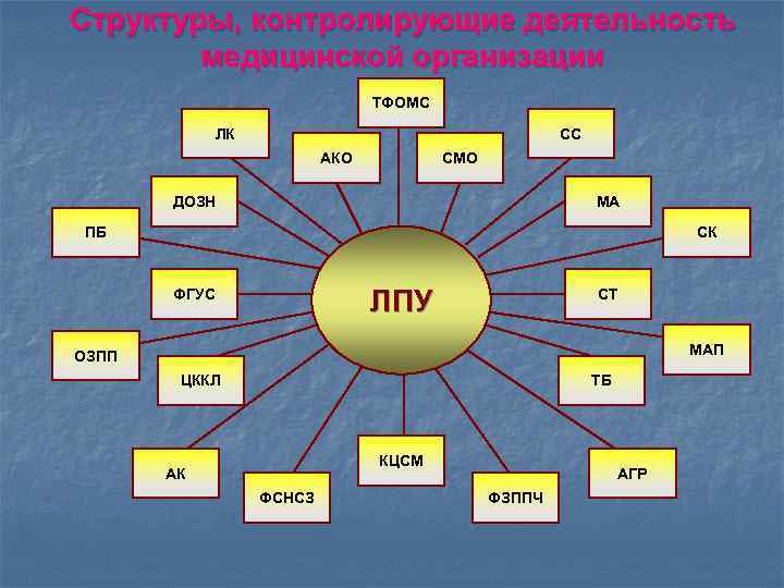 Структуры, контролирующие деятельность медицинской организации ТФОМС ЛК СС АКО СМО ДОЗН МА ПБ СК