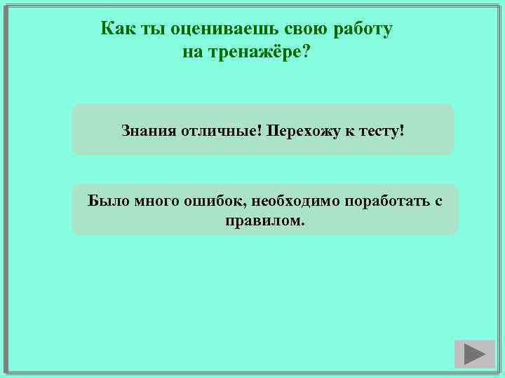 Как ты оцениваешь свою работу на тренажёре? Знания отличные! Перехожу к тесту! Было много