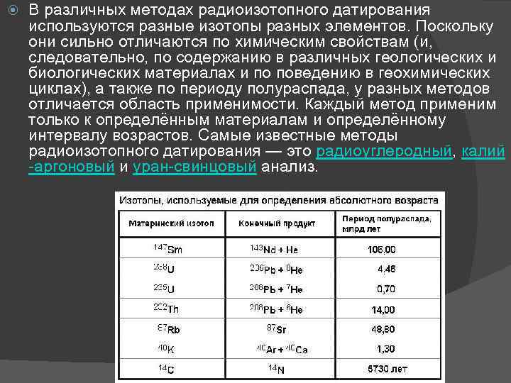  В различных методах радиоизотопного датирования используются разные изотопы разных элементов. Поскольку они сильно