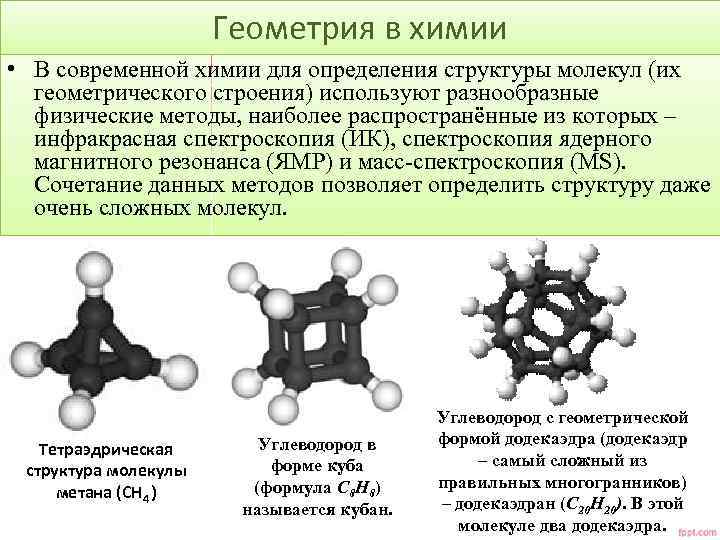 Геометрия в химии • В современной химии для определения структуры молекул (их геометрического строения)