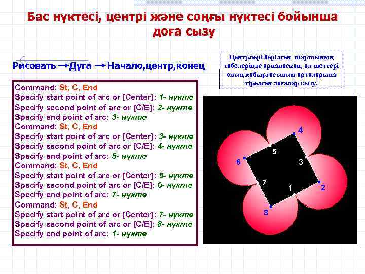 Бас нүктесі, центрі және соңғы нүктесі бойынша доға сызу Рисовать Дуга Начало, центр, конец