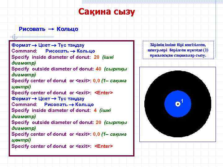 Сақина сызу Рисовать Кольцо Формат Цвет Түс таңдау Command: Рисовать Кольцо Specify inside diameter