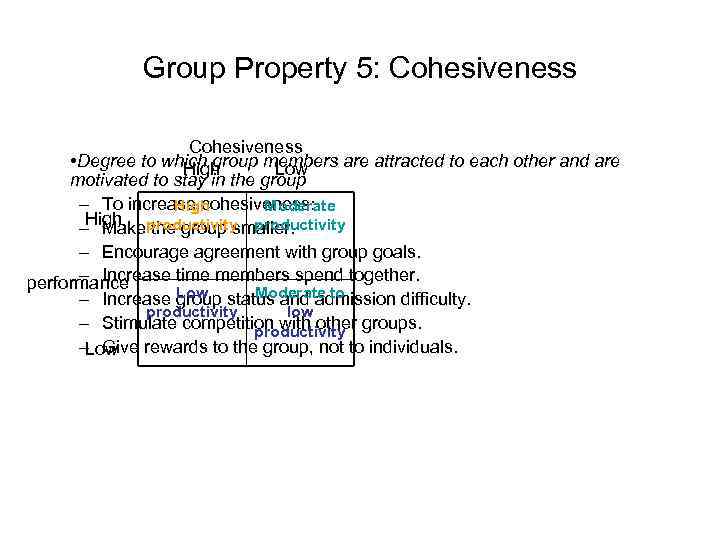 Group Property 5: Cohesiveness • Degree to which group members are attracted to each