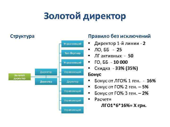 Золотой директор Структура Правило без исключений Управляющий Топ-Партнер Управляющий Золотой директор Директор Управляющий Управляющий