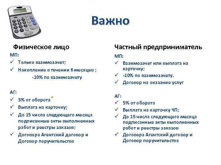 Важно Физическое лицо МП: ü Только взаимозачет; ü Накопление в течении 6 месяцев ;