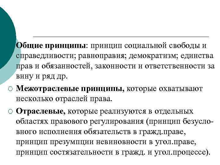 ¡ ¡ ¡ Общие принципы: принцип социальной свободы и справедливости; равноправия; демократизм; единства прав