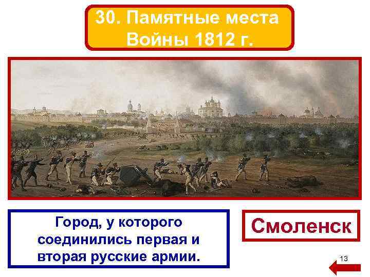 30. Памятные места Войны 1812 г. Город, у которого соединились первая и вторая русские