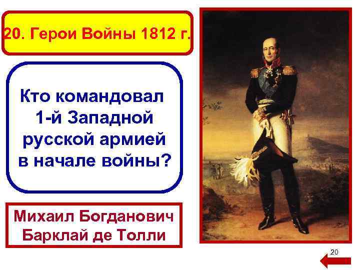 20. Герои Войны 1812 г. Кто командовал 1 -й Западной русской армией в начале