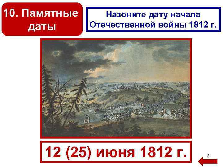 10. Памятные даты Назовите дату начала Отечественной войны 1812 г. 12 (25) июня 1812